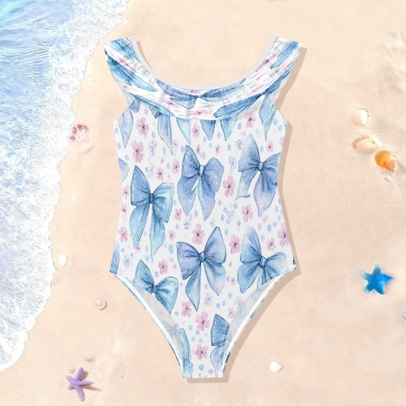 TTYFWHD Toddler Girls Ruffle One Piece Swimsuit, Stretchy Fabric for Beach & Pool Activities Cute Light Blue Bows Pattern