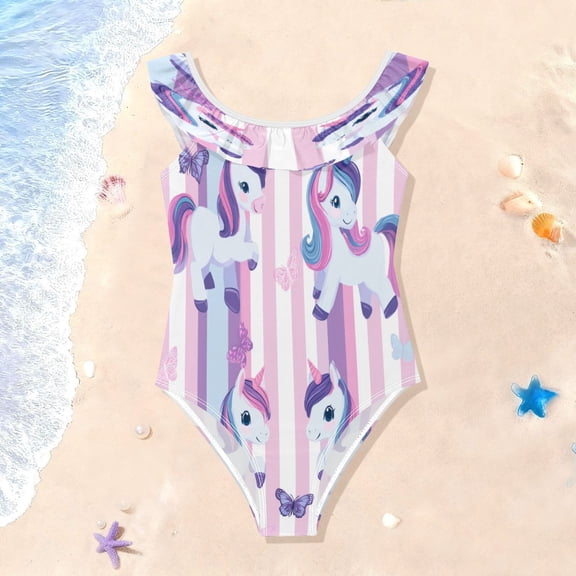TTYFWHD Toddler Girls Ruffle One Piece Swimsuit, Stretchy Fabric for Beach & Pool Activities Cute Pastel Unicorn Stripe