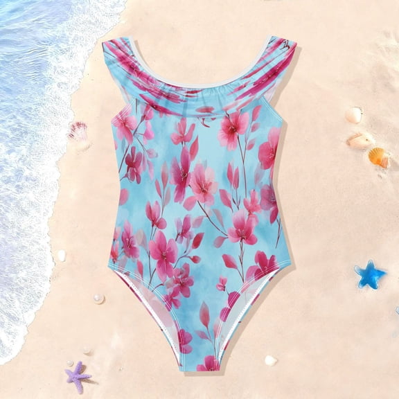 TTYFWHD Toddler Girls Ruffle One Piece Swimsuit, Stretchy Fabric for Beach & Pool Activities Cute Pink Delicate Flowers
