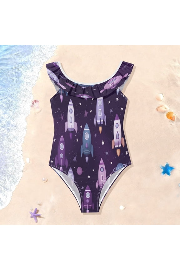Toddler Girls Ruffle One Piece Swimsuit, Stretchy Fabric for Beach & Pool Activities Cute Space Rocket Pattern