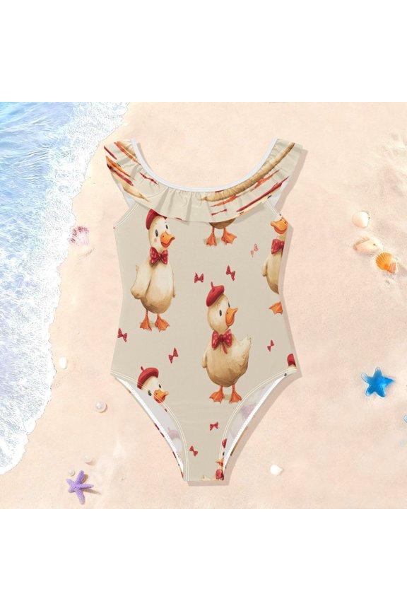 Toddler Girls Ruffle One Piece Swimsuit, Stretchy Fabric for Beach & Pool Activities Dapper Duck Pattern