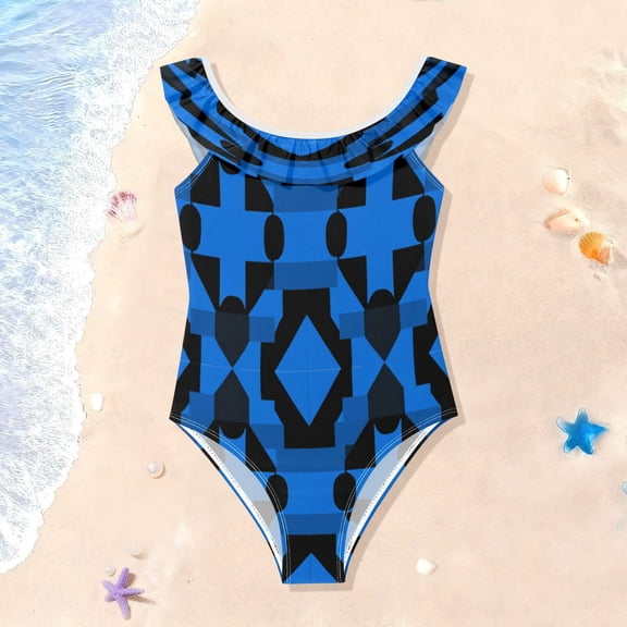 TTYFWHD Toddler Girls Ruffle One Piece Swimsuit, Stretchy Fabric for Beach & Pool Activities Dark Blue Black Plaid