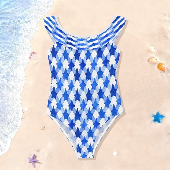 TTYFWHD Toddler Girls Ruffle One Piece Swimsuit, Stretchy Fabric for Beach & Pool Activities Dark Blue Five-pointed Star