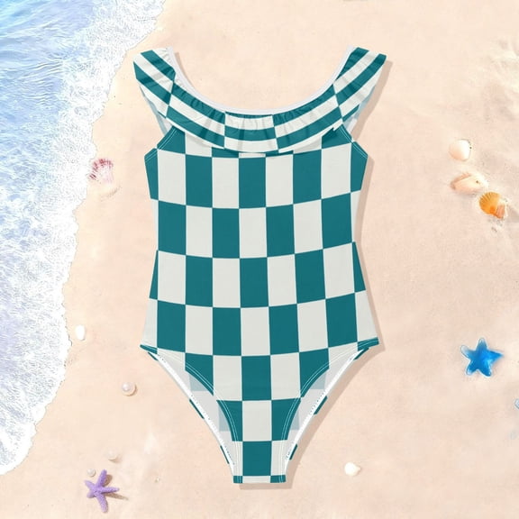 TTYFWHD Toddler Girls Ruffle One Piece Swimsuit, Stretchy Fabric for Beach & Pool Activities Dark Green Plaid