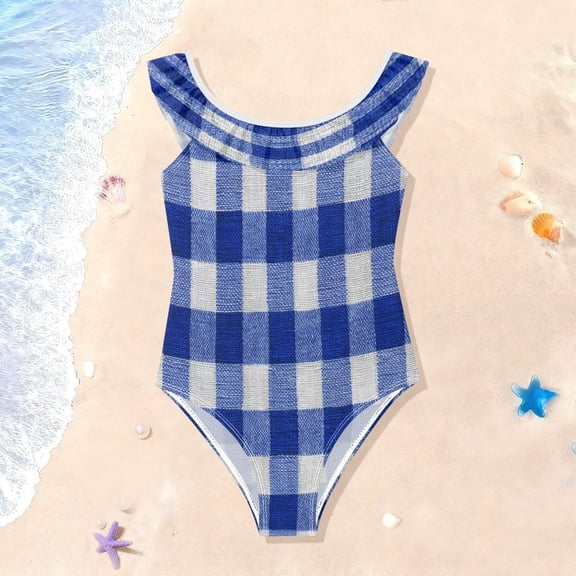 TTYFWHD Toddler Girls Ruffle One Piece Swimsuit, Stretchy Fabric for Beach & Pool Activities Deep Blue Checkered
