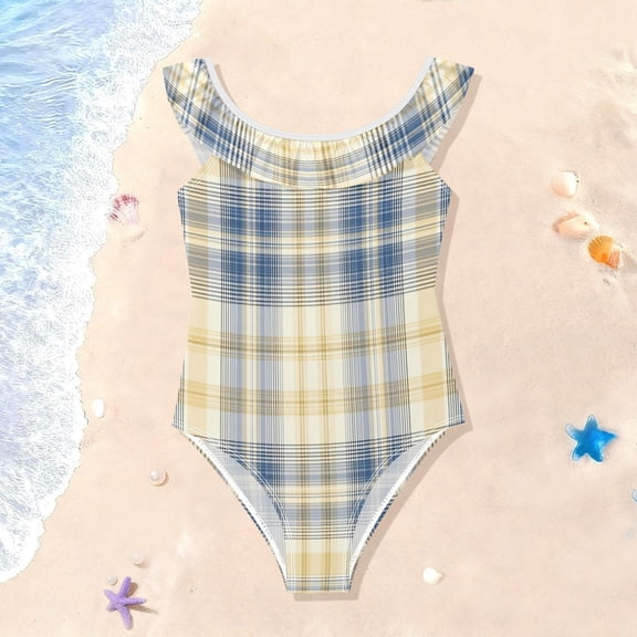 TTYFWHD Toddler Girls Ruffle One Piece Swimsuit, Stretchy Fabric for Beach & Pool Activities Deep Blue and Yellow Tartan