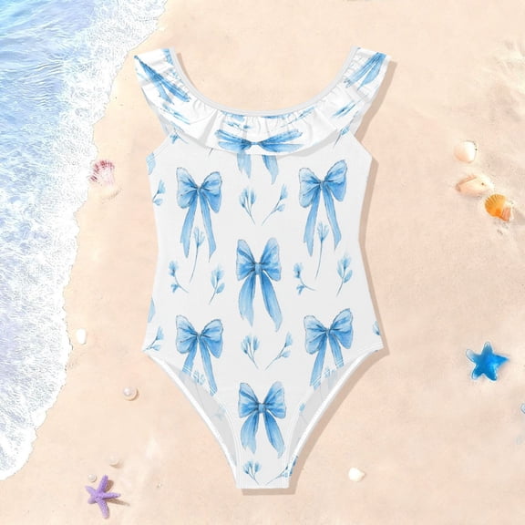 TTYFWHD Toddler Girls Ruffle One Piece Swimsuit, Stretchy Fabric for Beach & Pool Activities Delicate Blue Bow Pairs