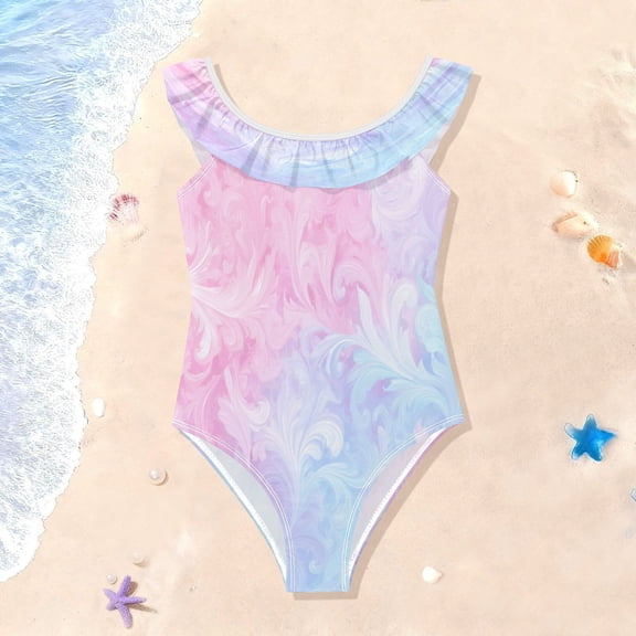 TTYFWHD Toddler Girls Ruffle One Piece Swimsuit, Stretchy Fabric for Beach & Pool Activities Dreamy Gradient Scroll Print