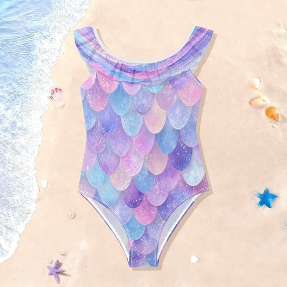 TTYFWHD Toddler Girls Ruffle One Piece Swimsuit, Stretchy Fabric for Beach & Pool Activities Dreamy Mermaid Tail Scale Artwork