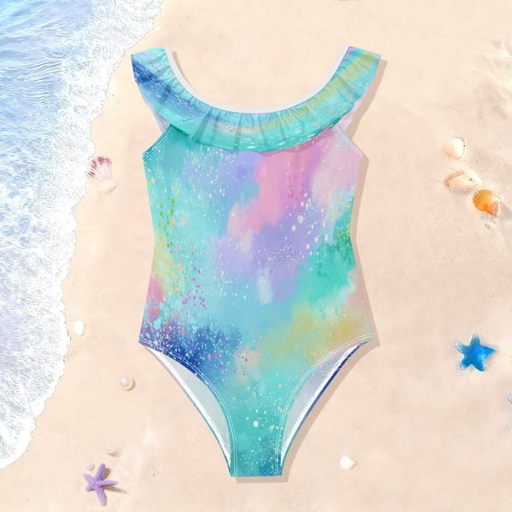 TTYFWHD Toddler Girls Ruffle One Piece Swimsuit, Stretchy Fabric for Beach & Pool Activities Dreamy Pastel Splatter Design