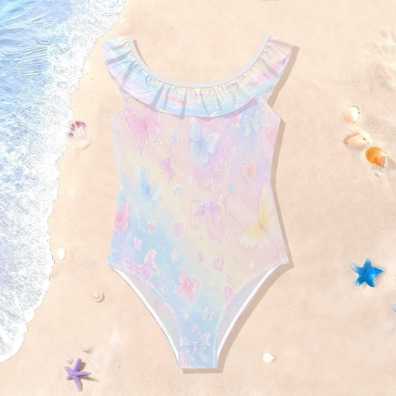 TTYFWHD Toddler Girls Ruffle One Piece Swimsuit, Stretchy Fabric for Beach & Pool Activities Dreamy Pink Blue Ribbon Print