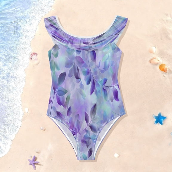 TTYFWHD Toddler Girls Ruffle One Piece Swimsuit, Stretchy Fabric for Beach & Pool Activities Dreamy Purple Blue Leaf Pattern