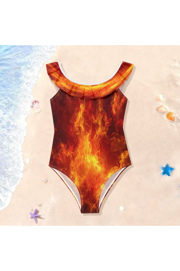 Toddler Girls Ruffle One Piece Swimsuit, Stretchy Fabric for Beach & Pool Activities Dynamic Fire Flame Pattern