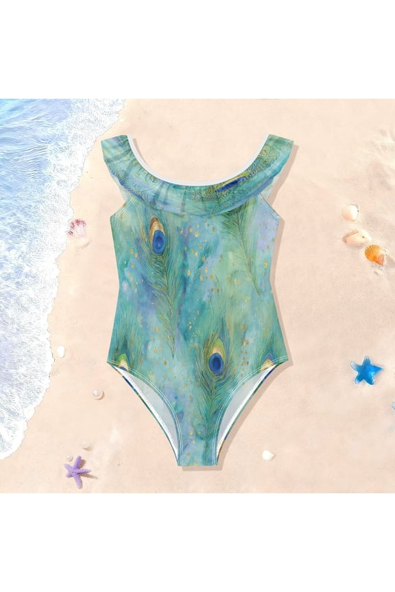 Toddler Girls Ruffle One Piece Swimsuit, Stretchy Fabric for Beach & Pool Activities Elegant Peacock Feather Pattern