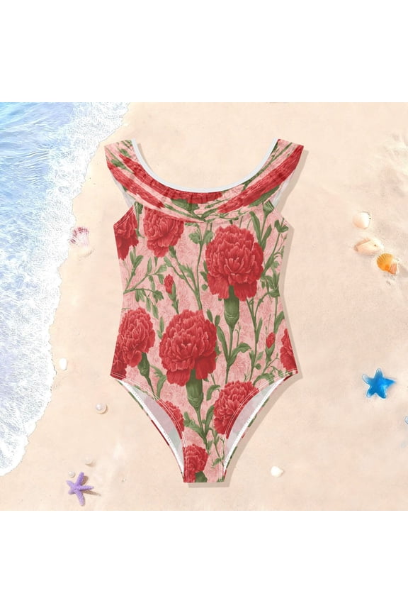 Toddler Girls Ruffle One Piece Swimsuit, Stretchy Fabric for Beach & Pool Activities Elegant Red Carnation Pattern
