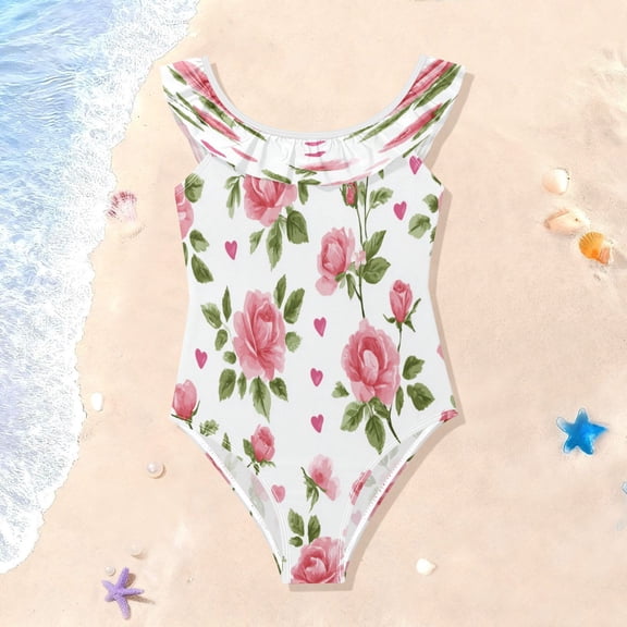 TTYFWHD Toddler Girls Ruffle One Piece Swimsuit, Stretchy Fabric for Beach & Pool Activities Floral Rose Seamless Print