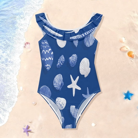 TTYFWHD Toddler Girls Ruffle One Piece Swimsuit, Stretchy Fabric for Beach & Pool Activities Fresh Coastal Seashell Pattern