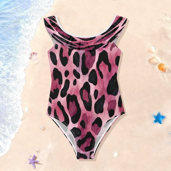 TTYFWHD Toddler Girls Ruffle One Piece Swimsuit, Stretchy Fabric for Beach & Pool Activities Fuchsia Pink Fur Leopard Print