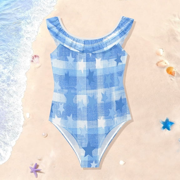 TTYFWHD Toddler Girls Ruffle One Piece Swimsuit, Stretchy Fabric for Beach & Pool Activities Gentle Blue Stars