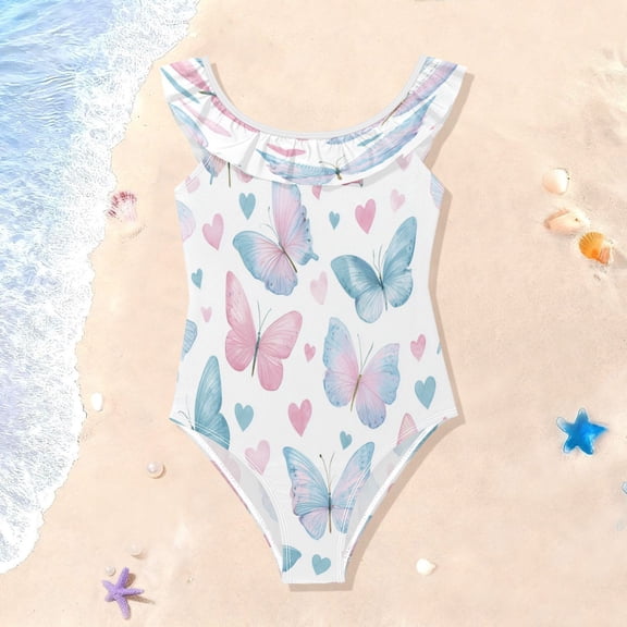 TTYFWHD Toddler Girls Ruffle One Piece Swimsuit, Stretchy Fabric for Beach & Pool Activities Gentle Pastel Butterfly Print