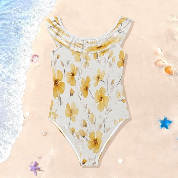 TTYFWHD Toddler Girls Ruffle One Piece Swimsuit, Stretchy Fabric for Beach & Pool Activities Golden Meadow Floral