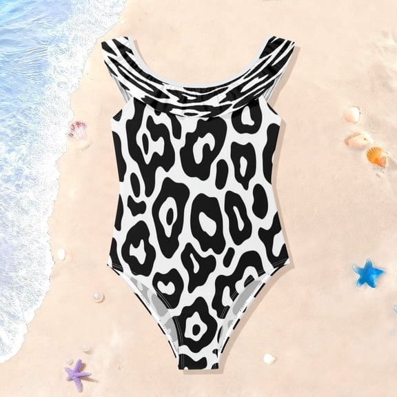 TTYFWHD Toddler Girls Ruffle One Piece Swimsuit, Stretchy Fabric for Beach & Pool Activities Graphic Black White Leopard Print