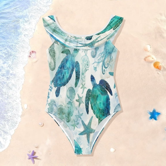 TTYFWHD Toddler Girls Ruffle One Piece Swimsuit, Stretchy Fabric for Beach & Pool Activities Green Adorable Sea Creatures