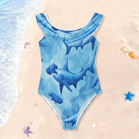 TTYFWHD Toddler Girls Ruffle One Piece Swimsuit, Stretchy Fabric for Beach & Pool Activities Hammerhead Shark Pattern