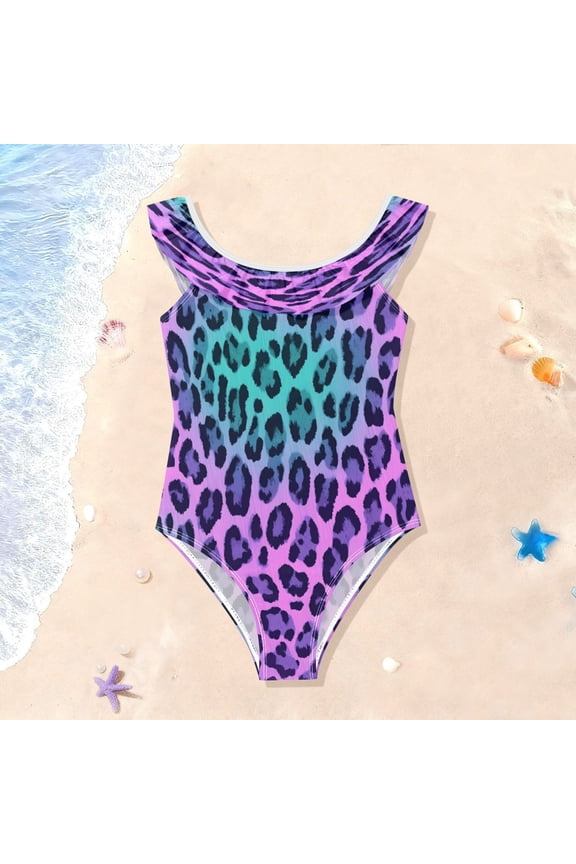 Toddler Girls Ruffle One Piece Swimsuit, Stretchy Fabric for Beach & Pool Activities Holographic Gradient Leopard Print