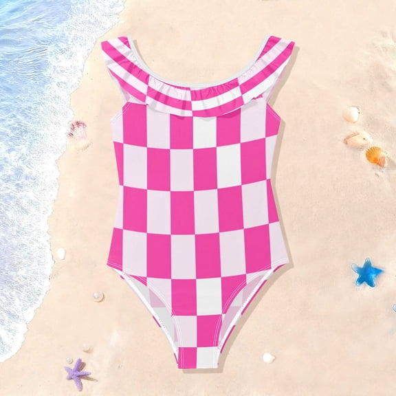 TTYFWHD Toddler Girls Ruffle One Piece Swimsuit, Stretchy Fabric for Beach & Pool Activities Hot Pink Checkered Pattern