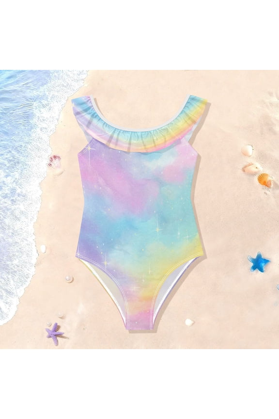 Toddler Girls Ruffle One Piece Swimsuit, Stretchy Fabric for Beach & Pool Activities Iridescent Gold Starry Sky
