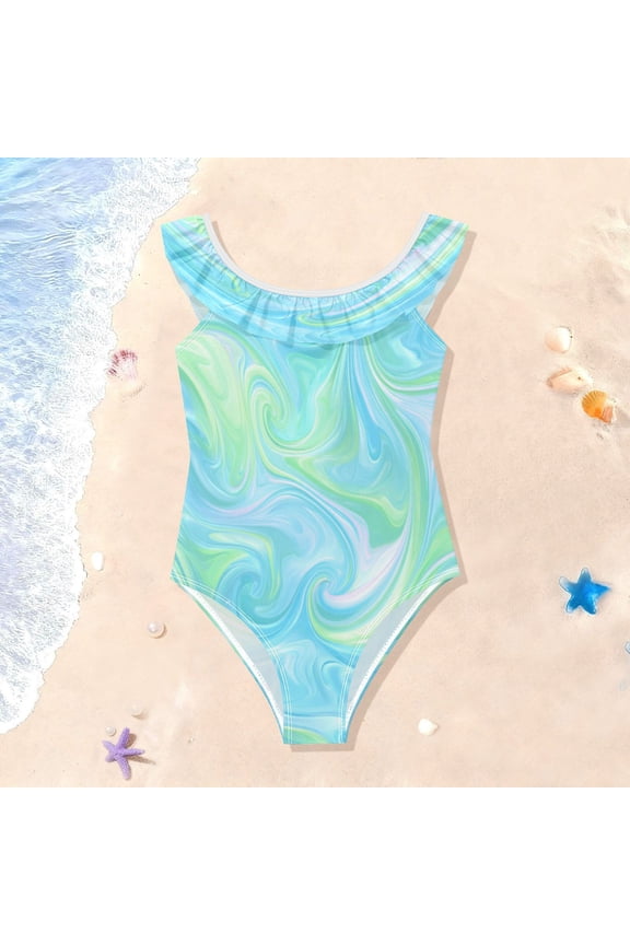 Toddler Girls Ruffle One Piece Swimsuit, Stretchy Fabric for Beach & Pool Activities Iridescent Swirl Marble Print
