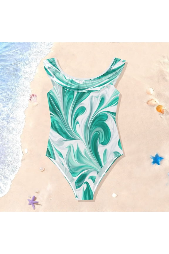 Toddler Girls Ruffle One Piece Swimsuit, Stretchy Fabric for Beach & Pool Activities Jade Green Marble Pattern