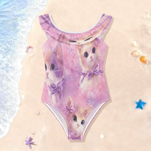 TTYFWHD Toddler Girls Ruffle One Piece Swimsuit, Stretchy Fabric for Beach & Pool Activities Kittens with Bows Pattern