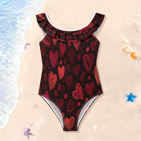 TTYFWHD Toddler Girls Ruffle One Piece Swimsuit, Stretchy Fabric for Beach & Pool Activities Layered Red Hearts Print