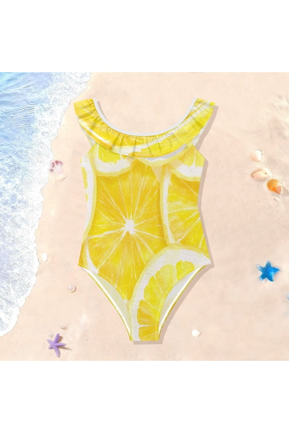 Toddler Girls Ruffle One Piece Swimsuit, Stretchy Fabric for Beach & Pool Activities Lemon Slice Pattern