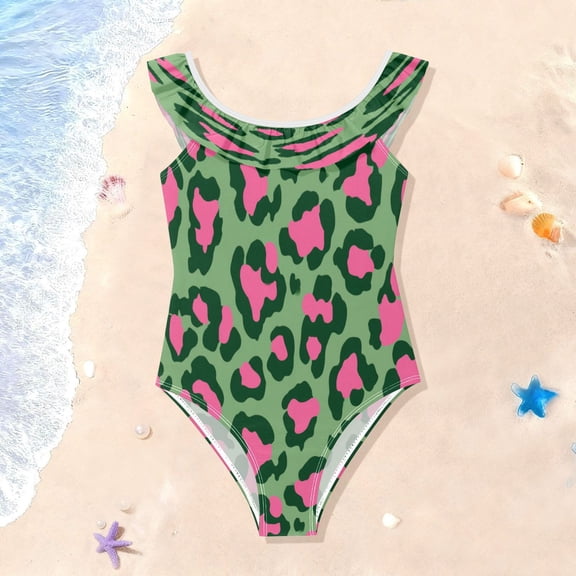 TTYFWHD Toddler Girls Ruffle One Piece Swimsuit, Stretchy Fabric for Beach & Pool Activities Leopard Print with Pink Accents