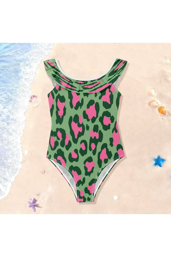 Toddler Girls Ruffle One Piece Swimsuit, Stretchy Fabric for Beach & Pool Activities Leopard Print with Pink Accents