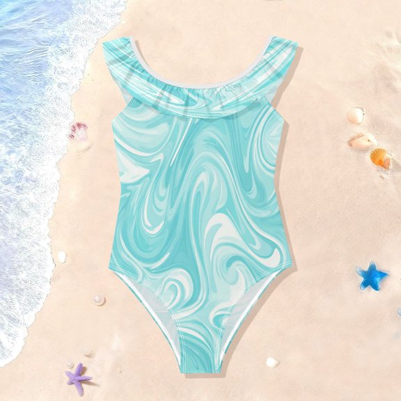 TTYFWHD Toddler Girls Ruffle One Piece Swimsuit, Stretchy Fabric for Beach & Pool Activities Light Blue Smooth Lines