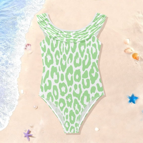 TTYFWHD Toddler Girls Ruffle One Piece Swimsuit, Stretchy Fabric for Beach & Pool Activities Light Green White Leopard Pattern