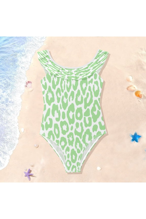 Toddler Girls Ruffle One Piece Swimsuit, Stretchy Fabric for Beach & Pool Activities Light Green White Leopard Pattern