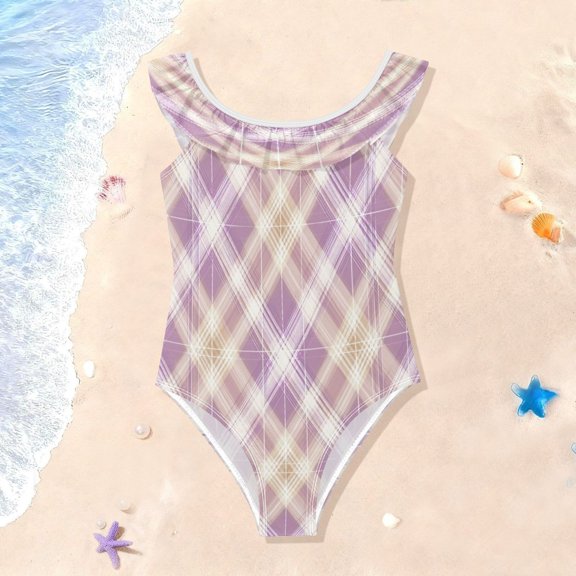 TTYFWHD Toddler Girls Ruffle One Piece Swimsuit, Stretchy Fabric for Beach & Pool Activities Light Pink Checkered Pattern