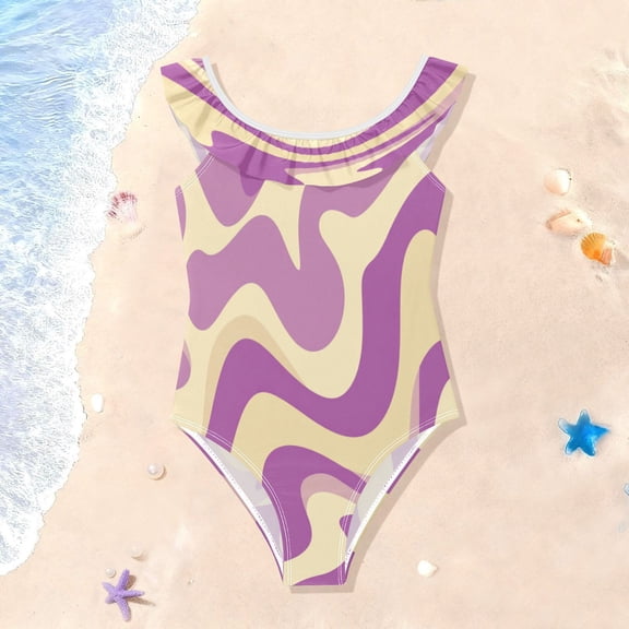 TTYFWHD Toddler Girls Ruffle One Piece Swimsuit, Stretchy Fabric for Beach & Pool Activities Light Purple Cream Flowing