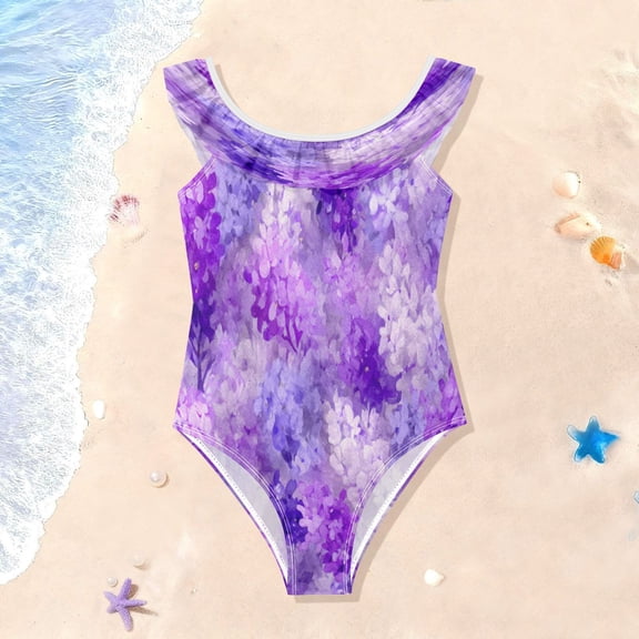 TTYFWHD Toddler Girls Ruffle One Piece Swimsuit, Stretchy Fabric for Beach & Pool Activities Lilac Purple Floral Pattern