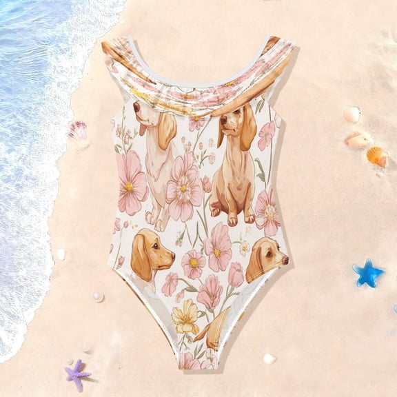 TTYFWHD Toddler Girls Ruffle One Piece Swimsuit, Stretchy Fabric for Beach & Pool Activities Lovely Cartoon Dachshund Dogs