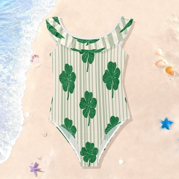 TTYFWHD Toddler Girls Ruffle One Piece Swimsuit, Stretchy Fabric for Beach & Pool Activities Lucky Four-leaf Stripes