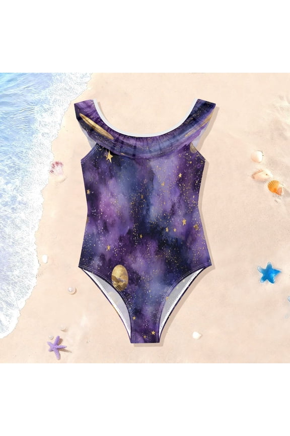 Toddler Girls Ruffle One Piece Swimsuit, Stretchy Fabric for Beach & Pool Activities Luxury Space Planets Pattern