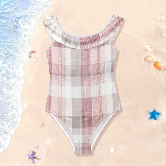 TTYFWHD Toddler Girls Ruffle One Piece Swimsuit, Stretchy Fabric for Beach & Pool Activities Magenta Checkered Pattern