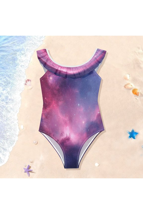 Toddler Girls Ruffle One Piece Swimsuit, Stretchy Fabric for Beach & Pool Activities Magical Pastel Space Nebula Print