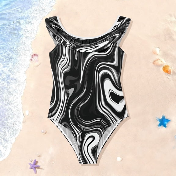TTYFWHD Toddler Girls Ruffle One Piece Swimsuit, Stretchy Fabric for Beach & Pool Activities Matte Black Flowing Lines